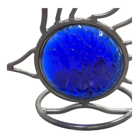 Vintage Blue Cobalt Glass Wrought Iron Fish Candle Holder Metal Art MCM Retro - Picture 2 of 5
